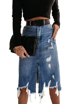 Женские модные джинсовые юбки миди с высокой талией, необработанный подол, потертые, рваные, нерегулярные юбки трапециевидной формы с кисточками