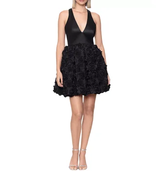 Женское короткое черное вечернее платье с V-образным вырезом и цветочным принтом из атласа а-силуэта, мини-платье для выпускного вечера, Robe de soirée