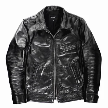 ГОД!Бесплатная доставка. Модная черная куртка из конской кожи с батиком 2024 года, кожаная одежда в стиле мотор, мужское тонкое пальто из натуральной кожи, качество