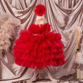 Красное многоуровневое платье в цветочек для девочек, пышное платье принцессы трапециевидной формы для девочек, свадебное платье для вечеринки длиной до колен, короткое платье для Первого причастия