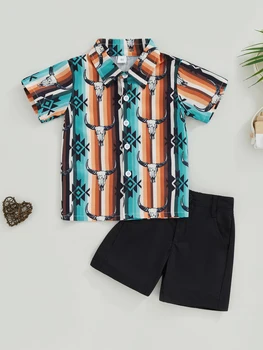 Комплект летней футболки для маленьких мальчиков с очаровательным животным принтом, удобная рубашка на пуговицах и эластичные шорты для стильного образа