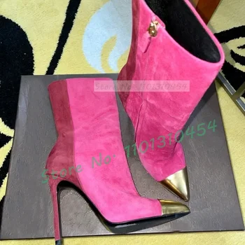 Женские замшевые ботильоны с золотым носком; Стильная осенняя обувь розово-красного цвета; женские разноцветные модельные туфли на высоком каблуке-шпильке с острым носком.