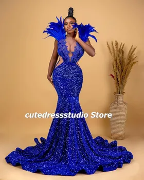 Изготовленные на заказ вечерние платья с Королевскими синими перьями Без рукавов в африканском стиле Русалки для женщин Свадебное платье 2022