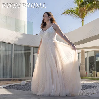 EVON BRIDAL, современные свадебные платья на тонких бретельках, большие размеры, vestidos de novia talla Grande с кружевной аппликацией цвета шампанского, трапециевидные платья трапециевидной формы