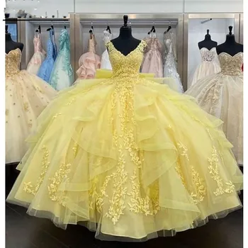 Желтые пышные платья Quinceanera, бальное платье с V-образным вырезом, длина до пола, Тюлевые аппликации, Мексиканская сладость, 16 платьев, 15 Anos