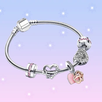 Модный браслет из серебра 925 пробы с розовым Бриллиантом, сверкающим запутанным сердечком, с подвесками в виде Змеи, Набор Милых украшений для подарков женщинам на День рождения
