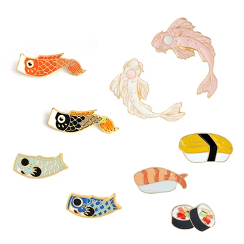 Коллекция японского стиля, Эмалированные булавки, броши с изображением флага кальмара Кои, Булавки для отворотов рюкзака, значки с лососем, Мультяшные украшения