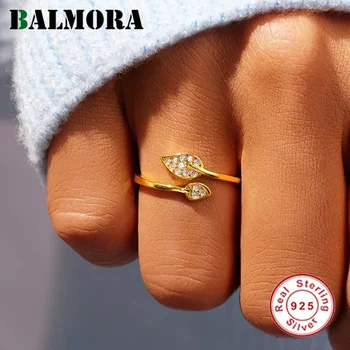 BALMORA S925 Стерлинговое Серебро Простые Золотые кольца с листьями Циркона Для женщин, девочек, Винтажные Модные Регулируемые ювелирные изделия Anillos, подарок