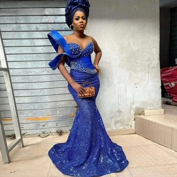 Элегантные Синие Нигерийские платья для выпускного вечера, Кружевное Африканское платье ручной работы, расшитое бисером, Плюс размер Свадебных платьев Aso Ebi