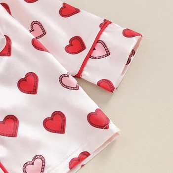Наряды на День Святого Валентина для маленьких девочек, атласная пижама, рубашка с длинным рукавом, брюки, комплект одежды с принтом в виде сердца