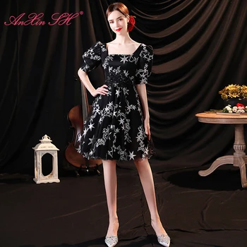 AnXin SH princess black star блестящее кружевное вечернее платье трапециевидной формы с коротким рукавом в виде сердца в винтажном стиле маленькое черное платье 17928