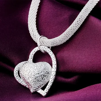 Оптовая Продажа Стерлингового серебра 925 Пробы, 18-дюймовое ожерелье с двойным сердцем для женщин, Модные Свадебные украшения-шармы