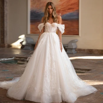 Новое изысканное белое бальное платье с вырезом в виде сердечка, свадебное платье с роскошной аппликацией из блестящего кружева и бисера, свадебное платье со шлейфом в виде часовни