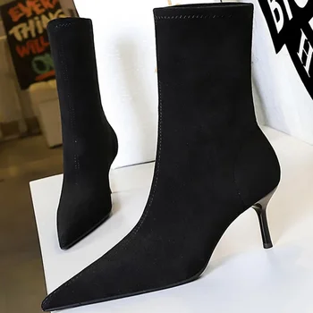 BIGTREE/ Модные Универсальные Женские ботинки в западном стиле с острым носком на тонком высоком каблуке 5,5 см, Короткие сапоги из Флока, Маленький Размер 34