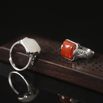 Женское серебряное кольцо с красным агатом, натуральный Хотанский нефрит, геометрическое квадратное модное обручальное кольцо, роскошные дизайнерские украшения, Бесплатная доставка