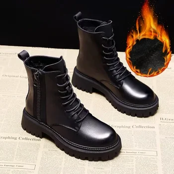 Осенне-зимние черные женские ботинки Модная износостойкая женская обувь с добавлением хлопчатобумажных женских ботинок на молнии