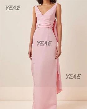 Санторини Розовые платья-футляры для выпускного вечера с V-образным вырезом и большим бантом, Сексуальная свадебная одежда без спинки, женская одежда для вечеринок с подружками Невесты
