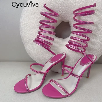 2023 Новые женские вечерние туфли на высоком каблуке в форме Змеи, Пикантные туфли на шпильке с открытым носком, узкополосные сандалии-гладиаторы с кристаллами