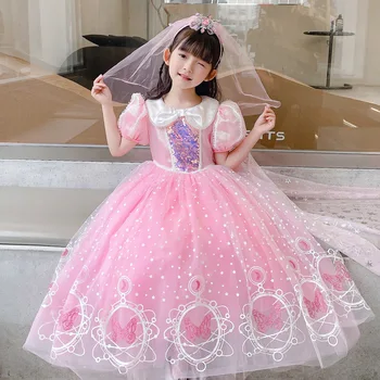 Летнее платье принцессы Айши для девочек, Розовая детская пышная сетчатая юбка для дня рождения