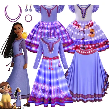 Новый костюм принцессы со светодиодной подсветкой Movie Wish Asha для девочек, вечерние платья на Хэллоуин, Vestido Outifit