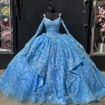 Небесно-голубые Пышные платья принцессы, Бальное платье, Милое кружево, расшитое бисером, 16 платьев, 15 Мексиканских платьев
