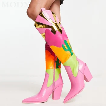 Разноцветные Модные сапоги до колена 2023, Новинка зимы, лоскутная обувь без застежек на массивном каблуке с острым носком, милые универсальные модельные туфли