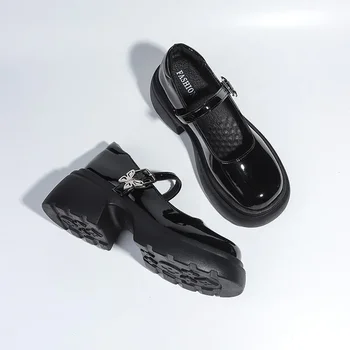 Милые женские туфли-оксфорды с ремешком и пряжкой, женская обувь из цельной кожи на высоком каблуке с круглым носком, туфли-лодочки на платформе с бабочкой и узлом, большие размеры