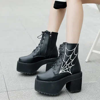 Осенне-зимние женские ботинки на высоком массивном каблуке 10 см, ботильоны на шнуровке, винтажные туфли на платформе в стиле панк, женские большие размеры 42 43