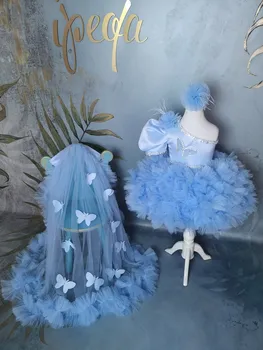 Голубые платья для девочек в цветочек, многоуровневые пышные платья из тюля для первого причастия, платья для вечеринки в честь дня рождения принцессы для маленьких девочек со шлейфом