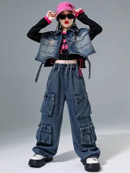 Джинсовый жилет в стиле хип-хоп для девочек, укороченный топ, Мешковатые джинсы, брюки-карго для джазовых уличных танцев, Комплекты детской одежды, детский уличный костюм