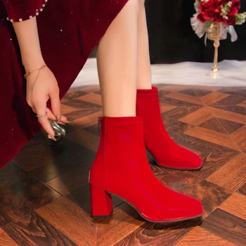 Зимние ботинки на молнии, женская обувь в стиле рок, Женские ботинки-Женские 2023, Красный резиновый Высокий каблук, осенние однотонные ботильоны с квадратным носком, Короткие плюшевые базовые