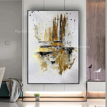 Абстрактная картина с пейзажем из золотой фольги современная на сером холсте 100% Ручная роспись маслом без рамки на холсте украшение стен