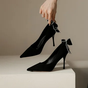 Женская обувь на высоком каблуке, модная красная женская обувь с бабочкой, новинка осени 2022 года, для отдыха, профессиональной работы, женские тонкие туфли на каблуках