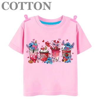 Чашка чая с молоком Disney Stitch, Летняя модная хлопковая детская футболка с рисунком аниме, Круглый вырез, Повседневный короткий рукав с принтом.