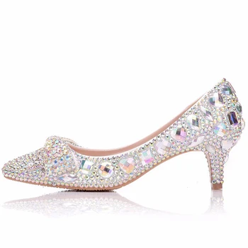 Великолепные женские туфли-лодочки AB Crystal с бабочкой и стразами 2 дюйма, Свадебные туфли с острым носком, туфли для выпускного вечера Золушки