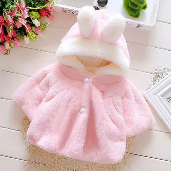 Шаль для маленьких девочек, осенне-зимние куртки с капюшоном и плюшевым кроликом из мультфильма, однотонная теплая верхняя одежда принцессы, Меховая детская одежда Ropa Bebe Niña