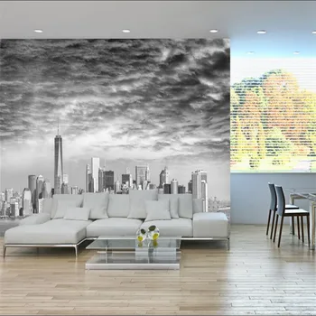 Центр Манхэттена на закате, вид с острова Эллис 3D Фотообои Ресторан Кафе Промышленный декор Обои 3D