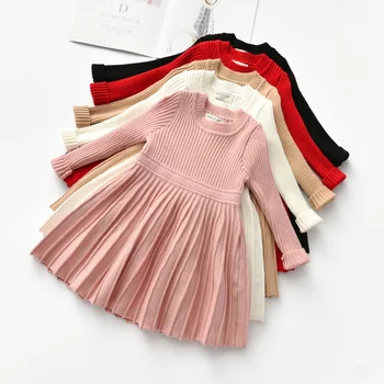 Осенне-зимнее плиссированное платье с длинным рукавом из хлопчатобумажной нити для девочек от 2 до 8 лет