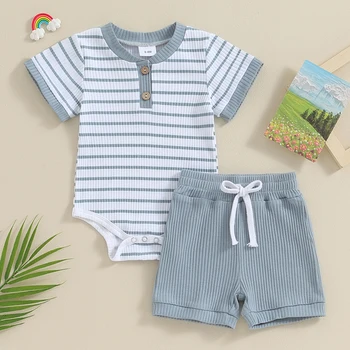 Suefunskry, детская одежда из 2 предметов, летний полосатый комбинезон с коротким рукавом и шорты с эластичной резинкой на талии, комплект для малышей, новорожденных девочек и мальчиков