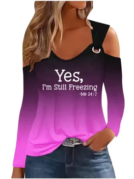 Женская весенне-осенняя новая футболка с длинными рукавами, сексуальная повседневная футболка с открытыми плечами градиентного цвета с буквенным принтом
