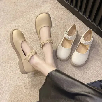 Винтажные маленькие кожаные туфли Mary Jane для женщин 2023, осенние французские туфли на плоской подошве с пряжкой в одно слово, всесезонные туфли-бобы