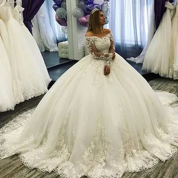ANGELSBRIDEP Романтическое бальное платье со шлейфом и длинным рукавом, свадебные платья Vestido Novias, кружевная аппликация, свадебное платье с открытыми плечами
