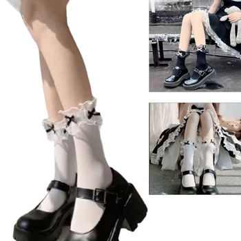 1 пара женских носков в стиле лолиты с милым бантом до икр, платье до щиколотки, носки-пинетки