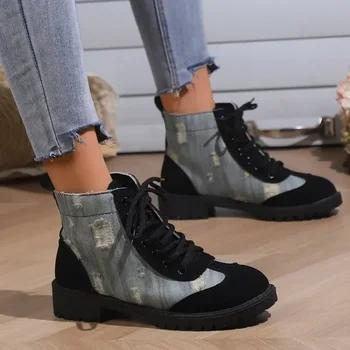 Женская обувь 2023, Женские ботинки на шнуровке спереди, ботильоны больших размеров, женские туфли на низком каблуке в стиле пэчворк с круглым носком и квадратным каблуком, Женские туфли на низком каблуке в стиле пэчворк