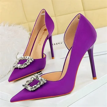 Женские розово-красные туфли-лодочки на высоком каблуке 11 см, женские свадебные фиолетово-зеленые туфли на каблуках со стразами, шелковые атласные туфли для ночного клуба