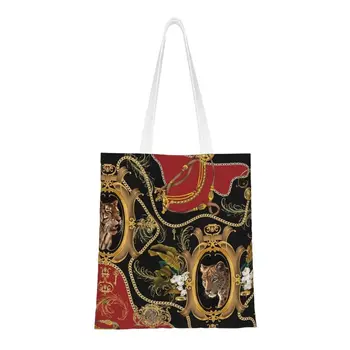 Сумка для покупок с золотым рисунком в стиле барокко, женская холщовая сумка-тоут, моющаяся голова леопарда, тропические листья и сумки для покупок на цепочке.