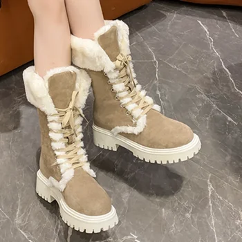 Женская обувь 2023, брендовые женские ботинки на шнуровке, зимние модные ботинки с круглым носком из плотного флока и плюша на теплой платформе, водонепроницаемые