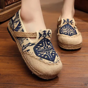 Женская обувь из хлопка и льна с круглым носком в этническом стиле, осенняя обувь из ткани Old Beijing без застежки с вышивкой