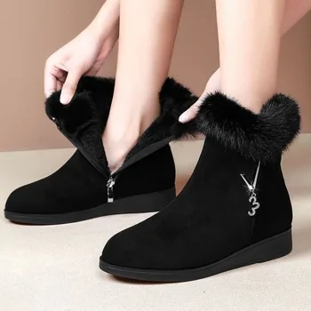 Женские ботинки на платформе 2023, Зимние плюшевые Теплые зимние ботинки, Удобная нескользящая обувь для мамы, Модные черные ботильоны Zapatos Mujer