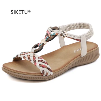 Женские босоножки плетеного дизайна, обувь на плоской подошве в богемном стиле, Эластичная лента на танкетке, Удобная летняя обувь, Дизайнерские сандалии бренда SIKETU 2023 г.